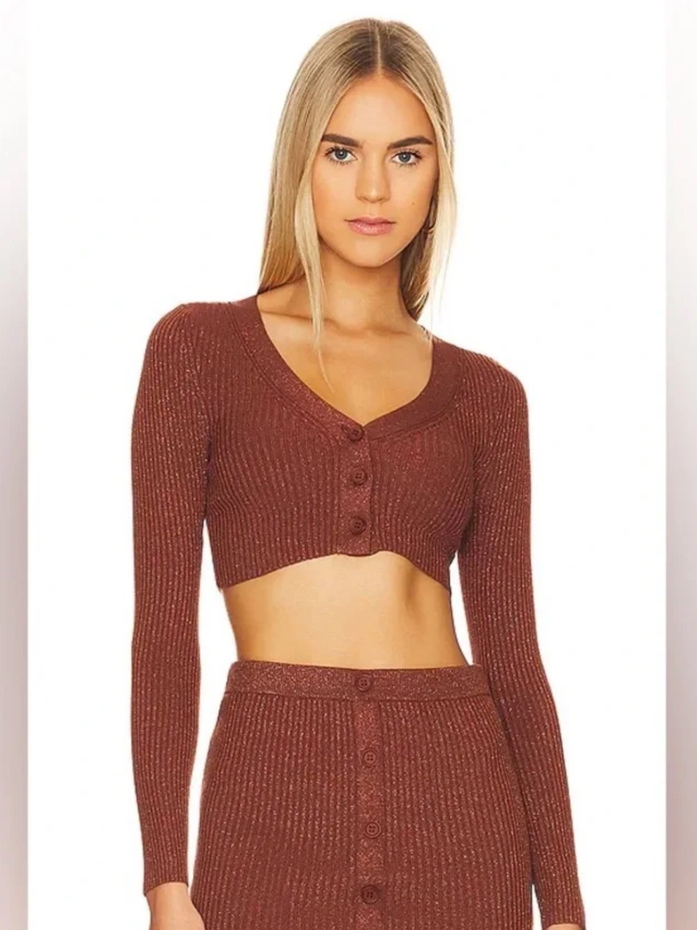 Camila Coelho Ribbed Knit Cropped Button-Up Top — Rust